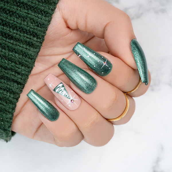 Green Christmas Press on Nails With Rhinestones - Lilium Nails