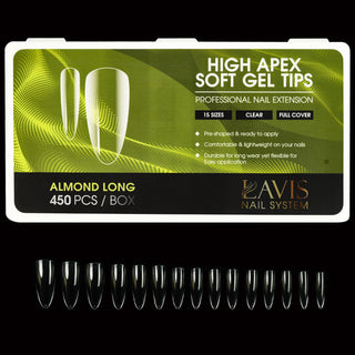 LAVIS Almond Long - 15 Sizes Clear - High Apex Soft Gel Tips