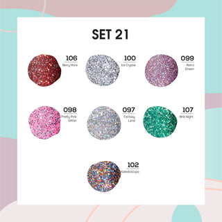 Lavis Holiday Collection: 7 Gel Polishes, 1 Base Gel, 1 Top Gel - Set 21 - 106, 100, 099, 098, 097, 107, 102 + BT