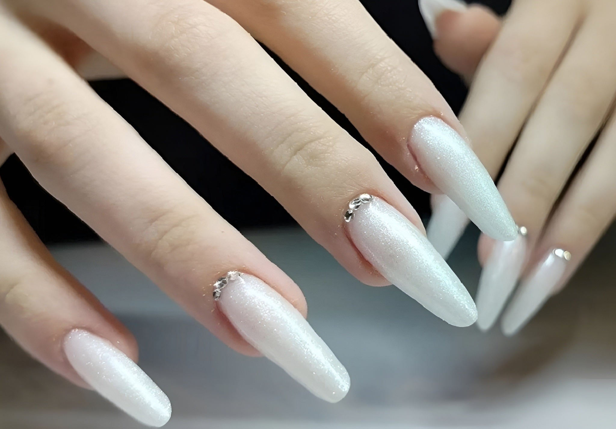 Top White Nails with Rhinestones