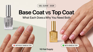 Base coat vs top coat before and after — without vs with base and top coat; shine, bonding and no chipping, ND Nail Supply