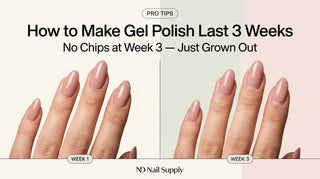 Gel manicure week 1 vs week 3 — still glossy and intact, no chips, only slight nail regrowth, ND Nail Supply
