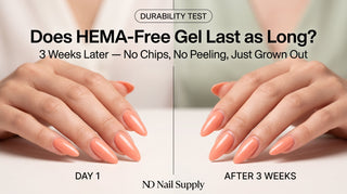 HEMA-free gel manicure day 1 vs after 3 weeks — long almond nails still fresh, no chips or peeling, ND Nail Supply