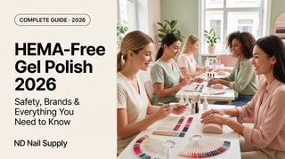 Nail technicians swatching HEMA-free gel colors for clients in a salon — HEMA-free gel polish 2026 complete guide, ND Nail Supply