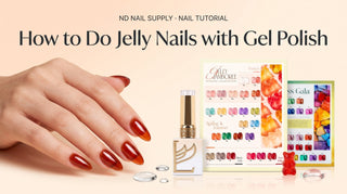Hand with glossy translucent jelly nails next to gel polish bottle and color swatch board — DTK Nail Supply jelly nails tutorial
