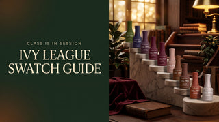 Dark academia-style banner with empty library steps staging matching the Kiara Sky Ivy League reference layout, headline ‘Ivy League Swatch Guide