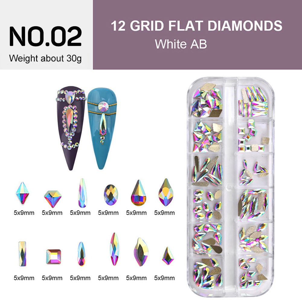 12 Grids Flat Diamonds Rhinestones #02 White AB