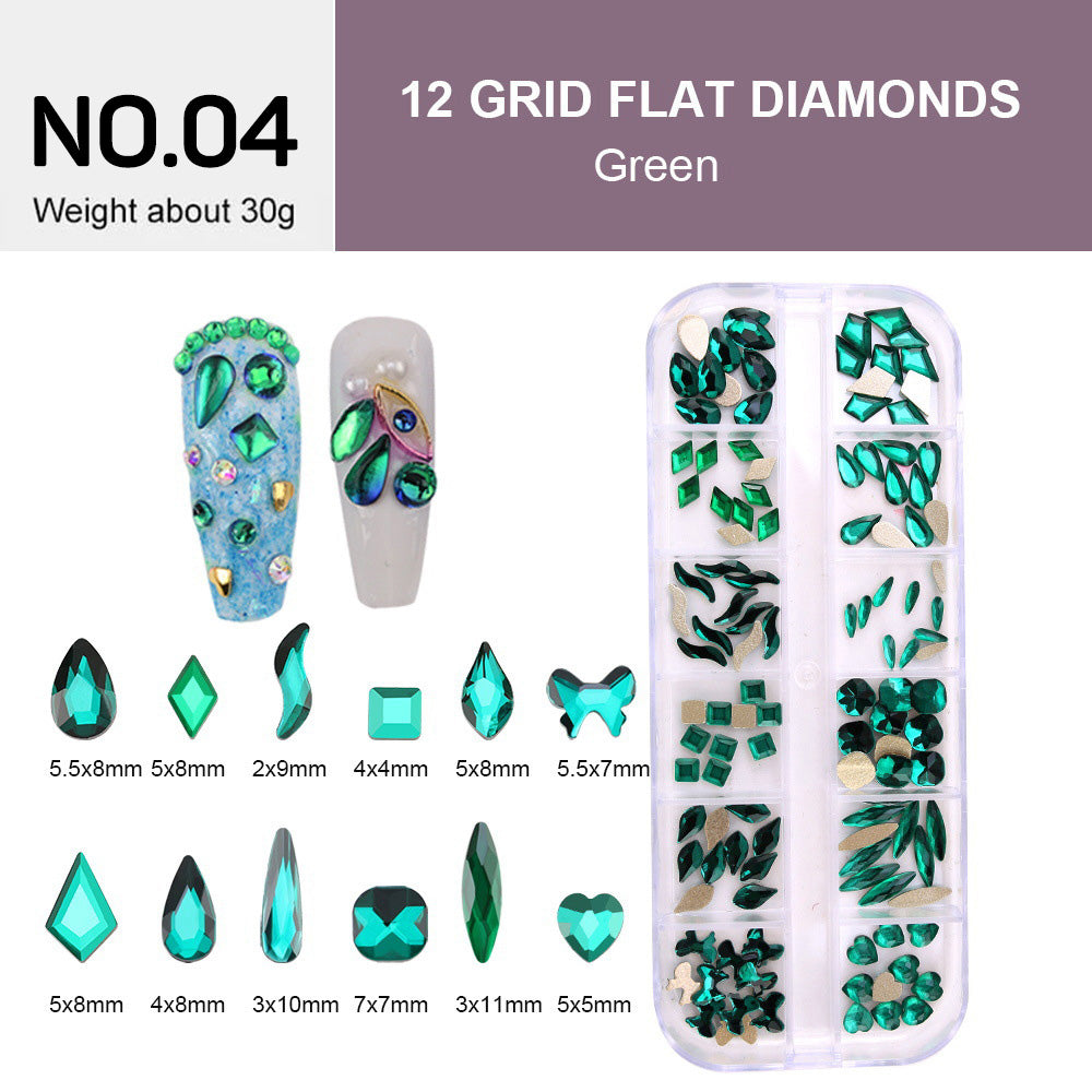 12 Grids Flat Diamonds Rhinestones #04 Green