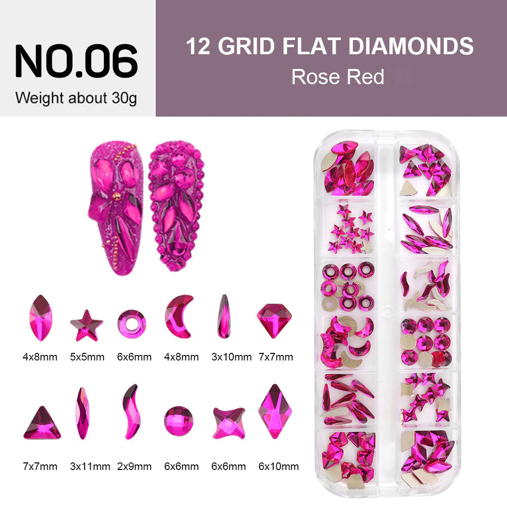 12 Grids Flat Diamonds Rhinestones #06 Rose Red