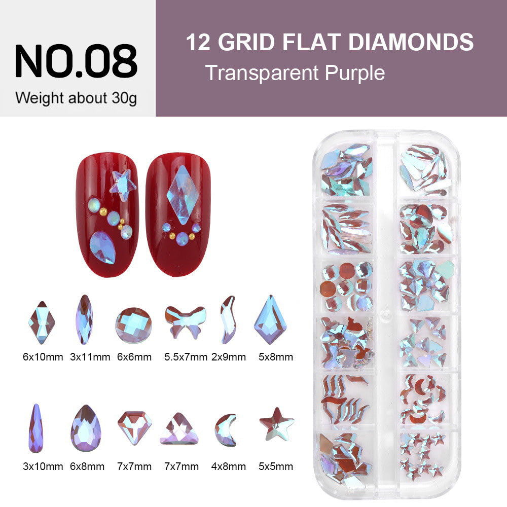 12 Grids Flat Diamonds Rhinestones #08 Transparent Purple