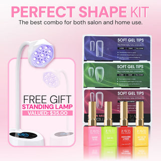 LAVIS Perfect Shape Kit Soft Gel Tips Coffin, Square, Almond Medium + Set 4 Base Top Gels + FREE LAVIS Mini UV LED Standing Nail Lamp 27W