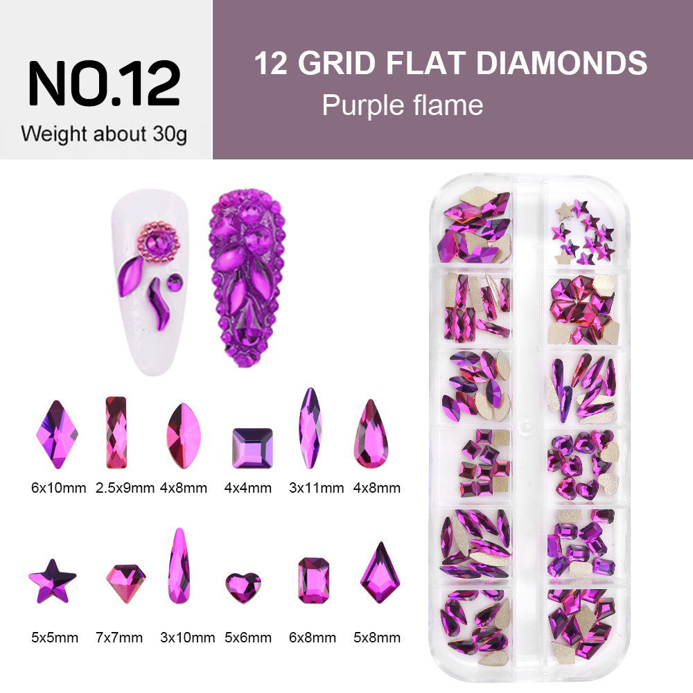 12 Grids Flat Diamonds Rhinestones #12 Purple Flame