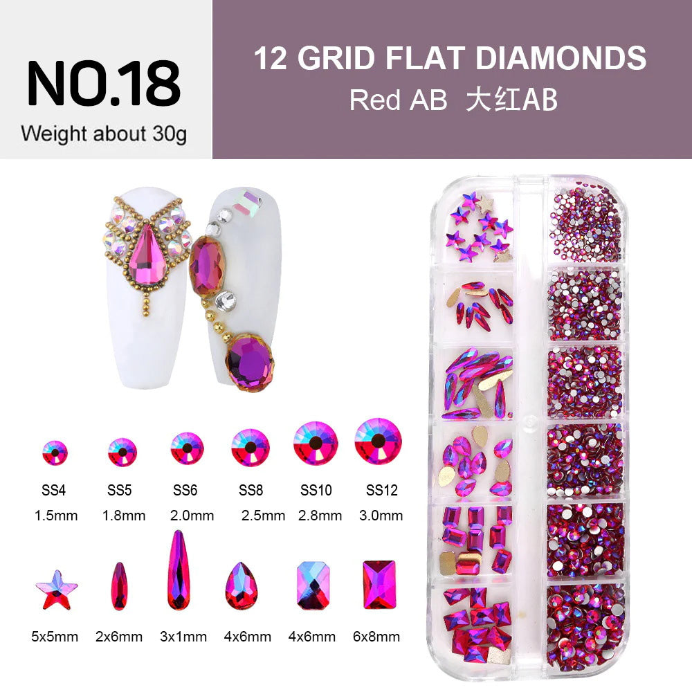 12 Grids Flat Diamonds Rhinestones #18 Red AB