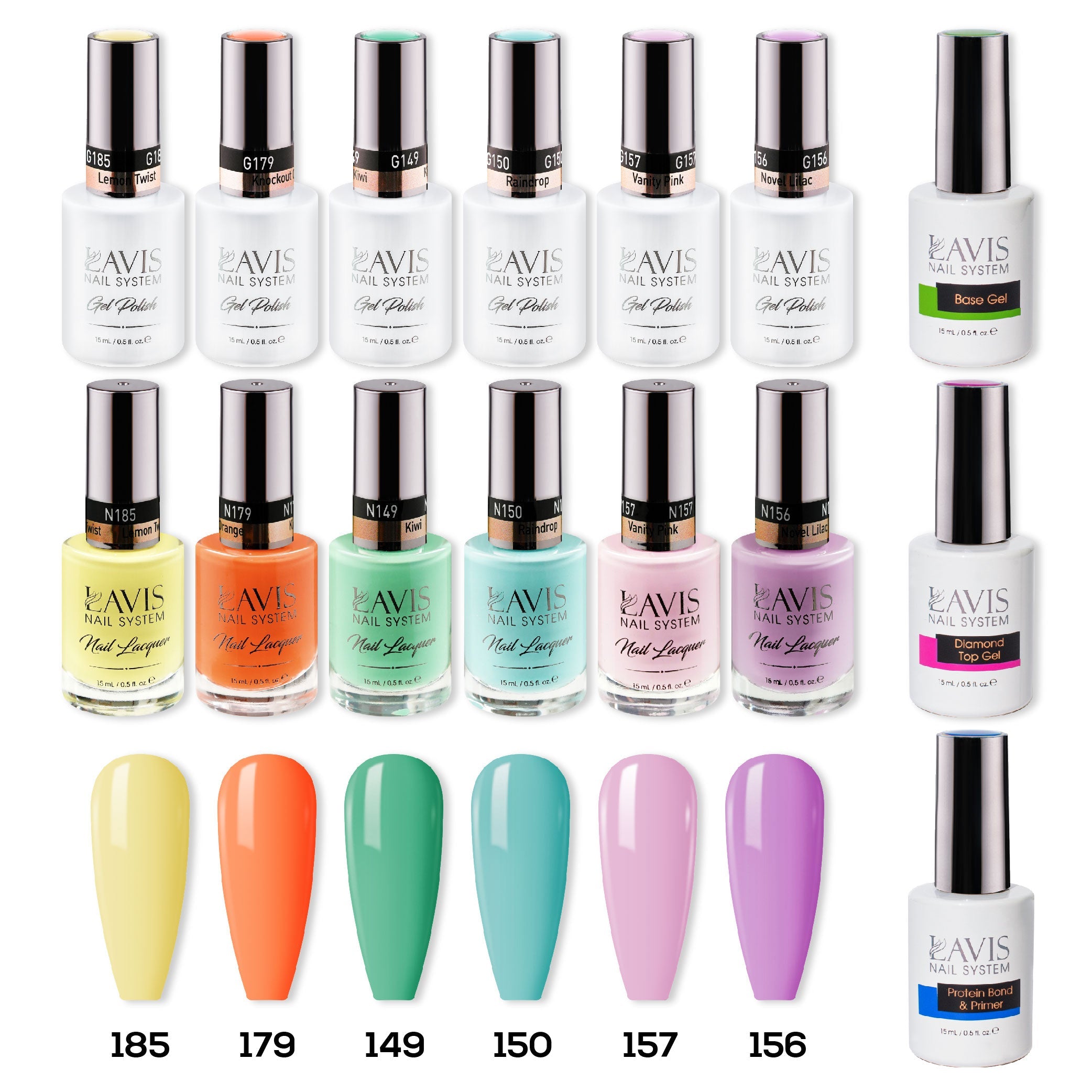  LAVIS Gel & Matching Lacquer Starter Summer Set G7: 185, 179, 149, 150, 157, 156, Base,Top & Bond Primer by LAVIS NAILS sold by DTK Nail Supply