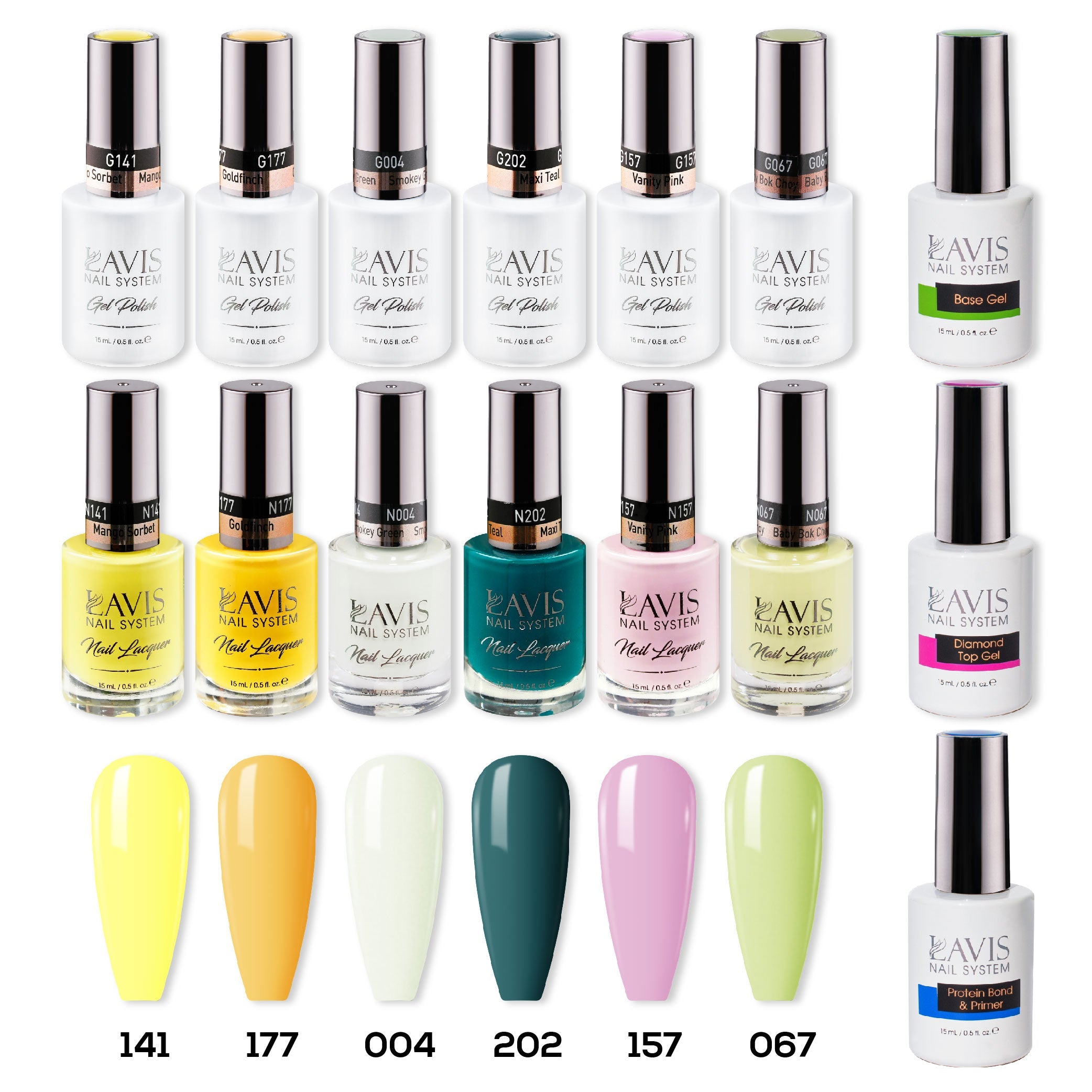  LAVIS Gel & Matching Lacquer Starter Summer Set G8: 141, 177, 004, 202, 157, 067, Base,Top & Bond Primer by LAVIS NAILS sold by DTK Nail Supply