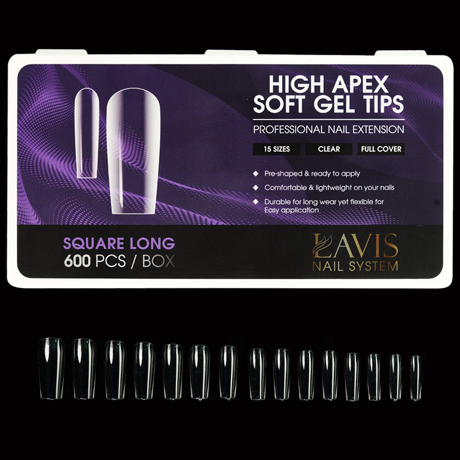 LAVIS Square Long - 15 Sizes Clear - High Apex Soft Gel Tips