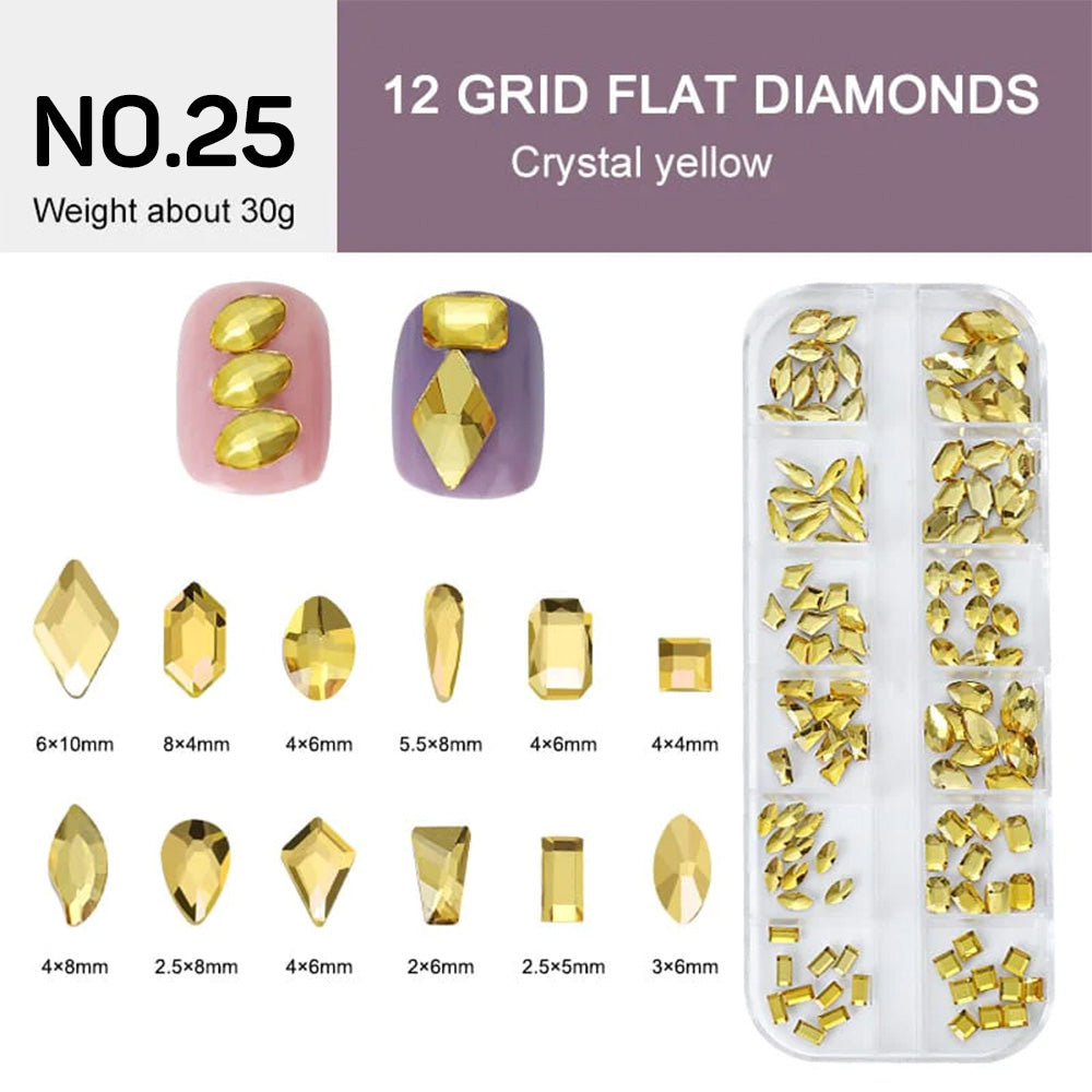12 Grids Flat Diamonds Rhinestones #25 Crystal Yellow