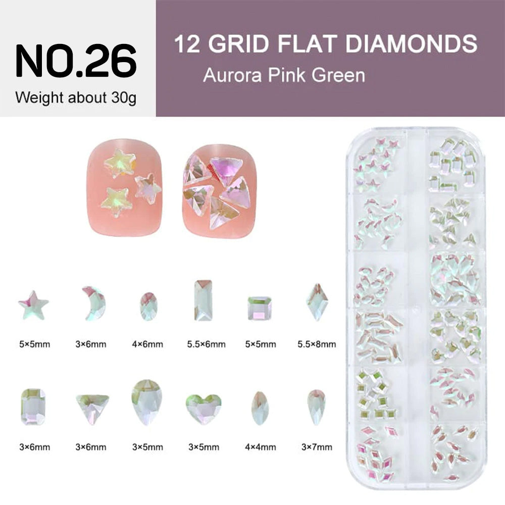12 Grids Flat Diamonds Rhinestones #26 Aurora Pink Green
