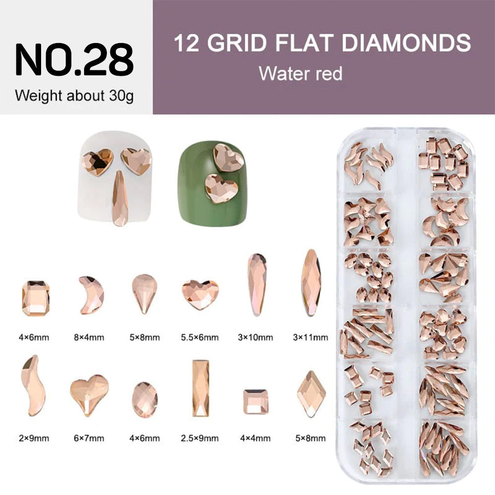 12 Grids Flat Diamonds Rhinestones #28 Water Red