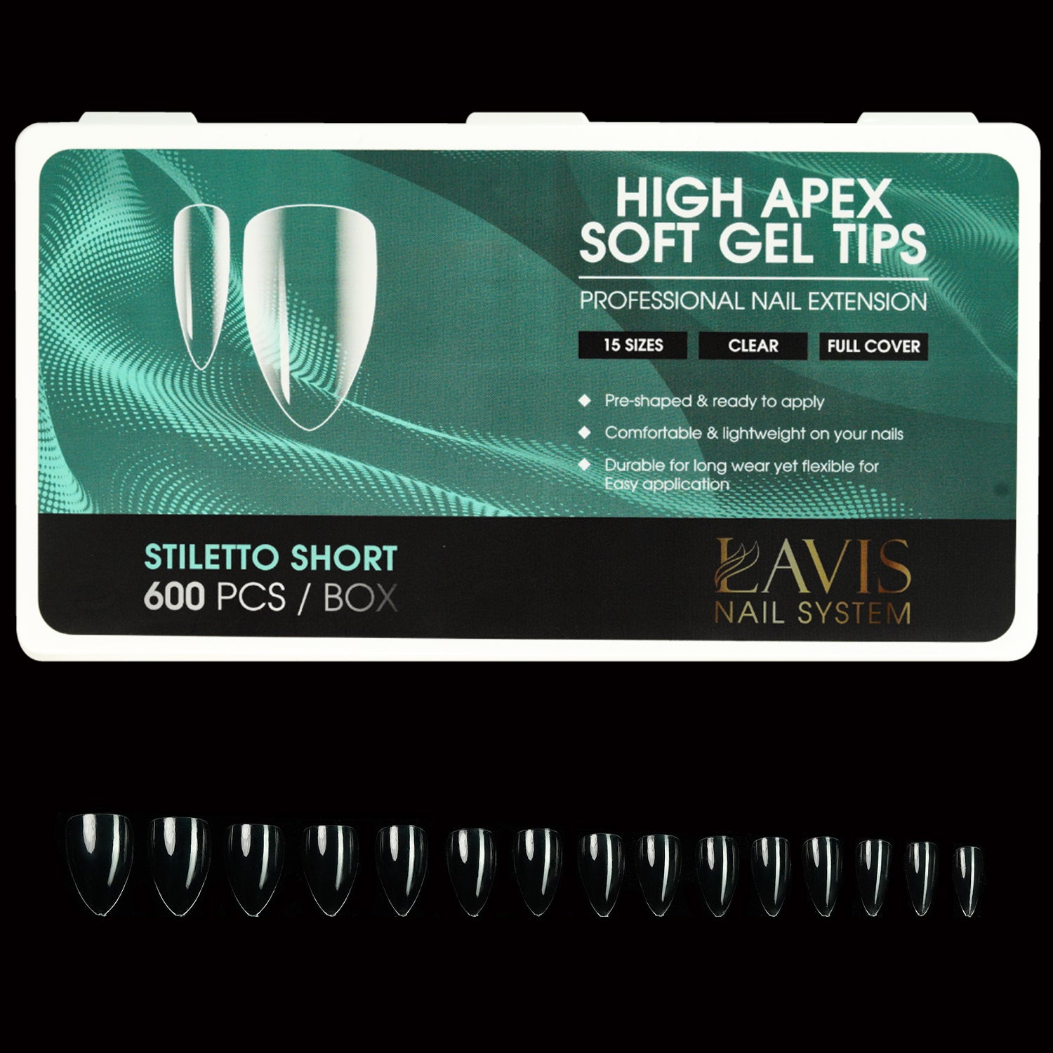 LAVIS Stiletto Short - 15 Sizes Clear - Hilgh Apex Soft Gel Tips