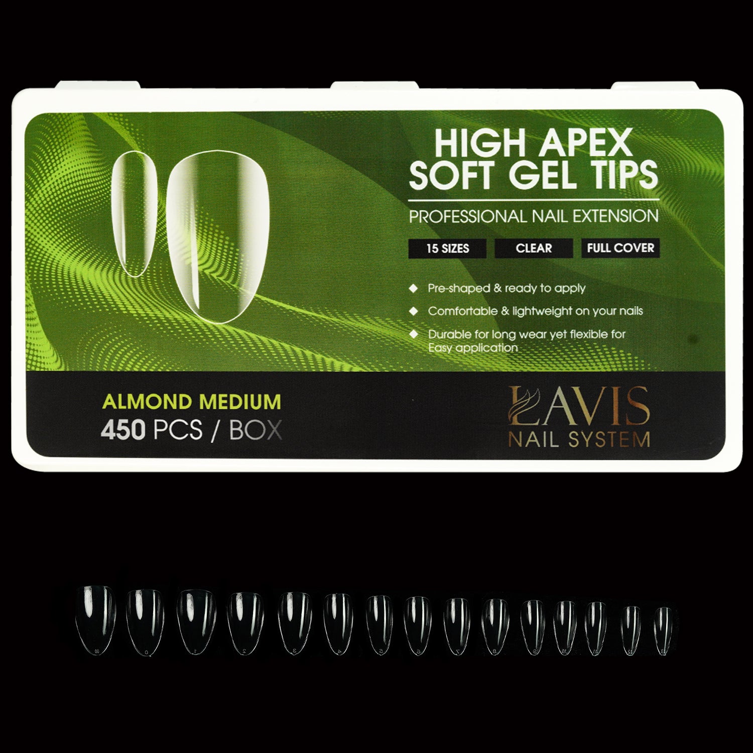 LAVIS Almond Medium - 15 Sizes Clear - High Apex Soft Gel Tips