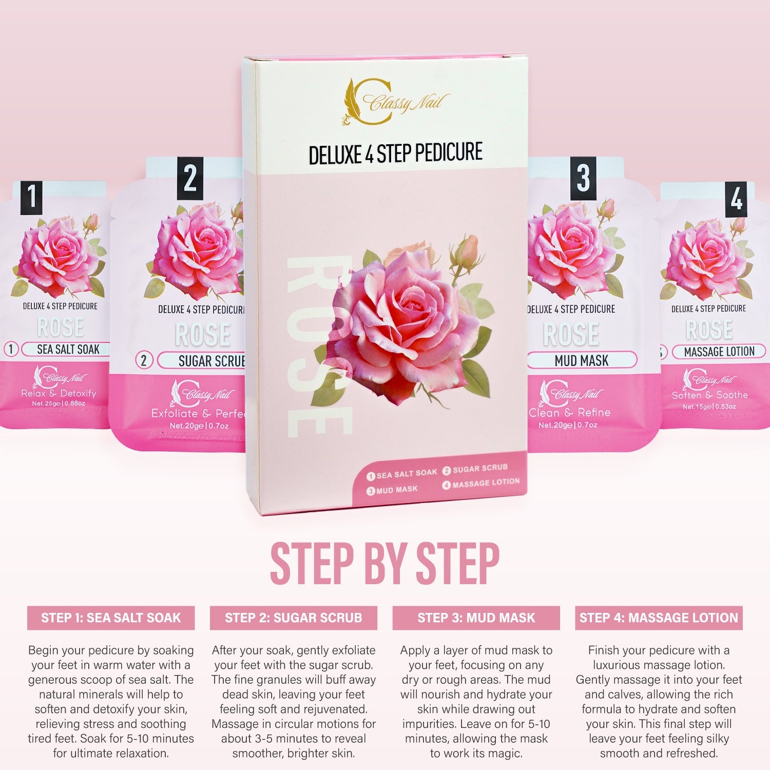 Classy Nail - Deluxe 4 Steps Pedicure x100 Boxes - Rose