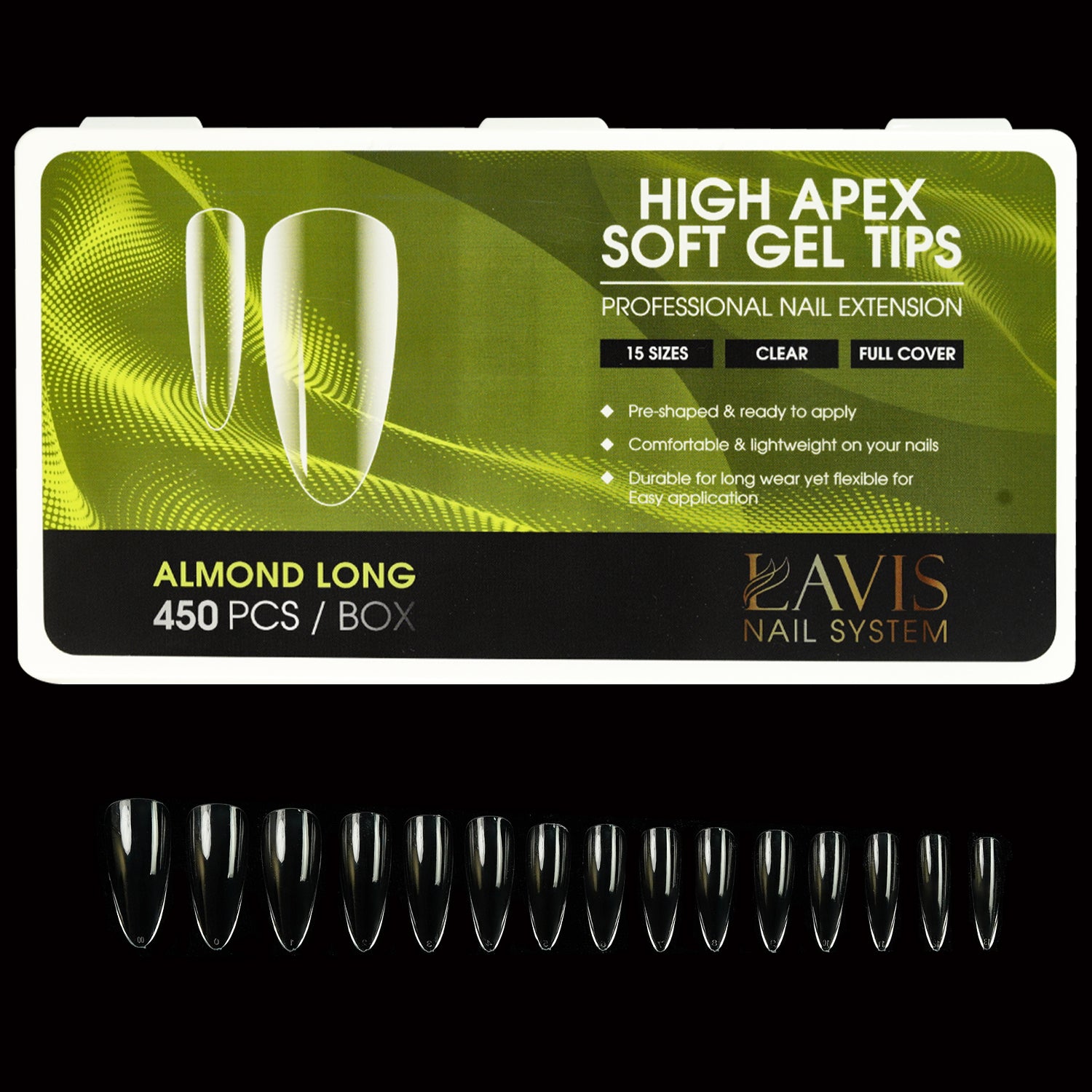 LAVIS Almond Long - 15 Sizes Clear - Hilgh Apex Soft Gel Tips