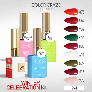LDS Gel Kit 9-1 - Winter Celebration - 279, 917, 523, 410, 838, 604, 932, 842, 876, Base, Diamond Top & Matte Top - 15ml