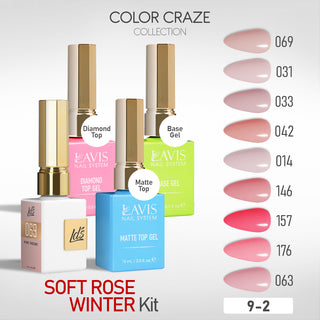 LDS Gel Kit 9-2 - Soft Rose Winter - 063, 176, 157, 146, 014, 042, 033, 031, 069, Base, Diamond Top & Matte Top - 15ml