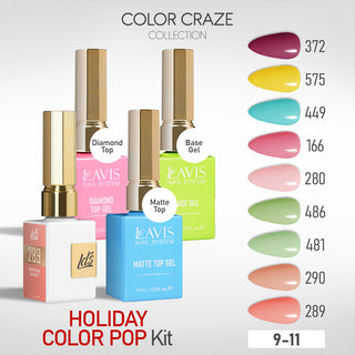 LDS Gel Kit 9-11 - Holiday Color Pop - 289, 290, 481, 486, 280, 166, 449, 575, 372 Base, Diamond Top & Matte Top - 15ml
