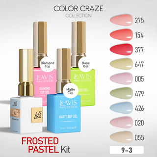 LDS Gel Kit 9-3 - Frosted Pastel - 055, 020, 426, 479, 005, 647, 377, 154, 275, Base, Diamond Top & Matte Top - 15ml
