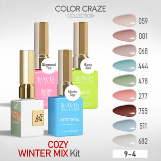 LDS Gel Kit 9-4 - Cozy Winter Mix - 682, 511, 755, 277, 478, 444, 068, 081, 059, Base, Diamond Top & Matte Top - 15ml