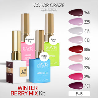 LDS Gel Kit 9-5 - Winter Berry Mix - 401, 394, 224, 189, 886, 013, 414, 225, 764, Base, Diamond Top & Matte Top - 15ml