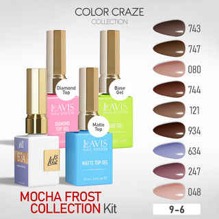 LDS Gel Kit 9-6 - Mocha Frost Collection - 048, 247, 634, 934, 121, 744, 080, 747, 743, Base, Diamond Top & Matte Top - 15ml