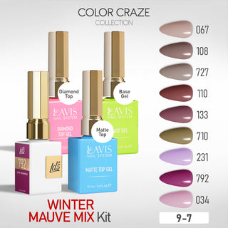 LDS Gel Kit 9-7 - Winter Mauve Mix - 034, 792, 231, 710, 133, 110, 727, 108, 067, Base, Diamond Top & Matte Top - 15ml