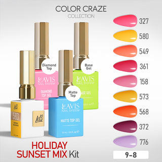 LDS Gel Kit 9-8 - Holiday Sunset Mix - 776, 372, 568, 573, 158, 361, 549, 580, 327, Base, Diamond Top & Matte Top - 15ml