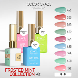 LDS Gel Kit 9-9 - Frosted Mint Collection - 191, 460, 195, 430, 144, 482, 060, 300, 496, Base, Diamond Top & Matte Top - 15ml