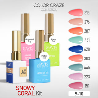 LDS Gel Kit 9-10 - Snowy Coral - 151, 223, 445, 303, 628, 461, 287, 276, 313, Base, Diamond Top & Matte Top - 15ml