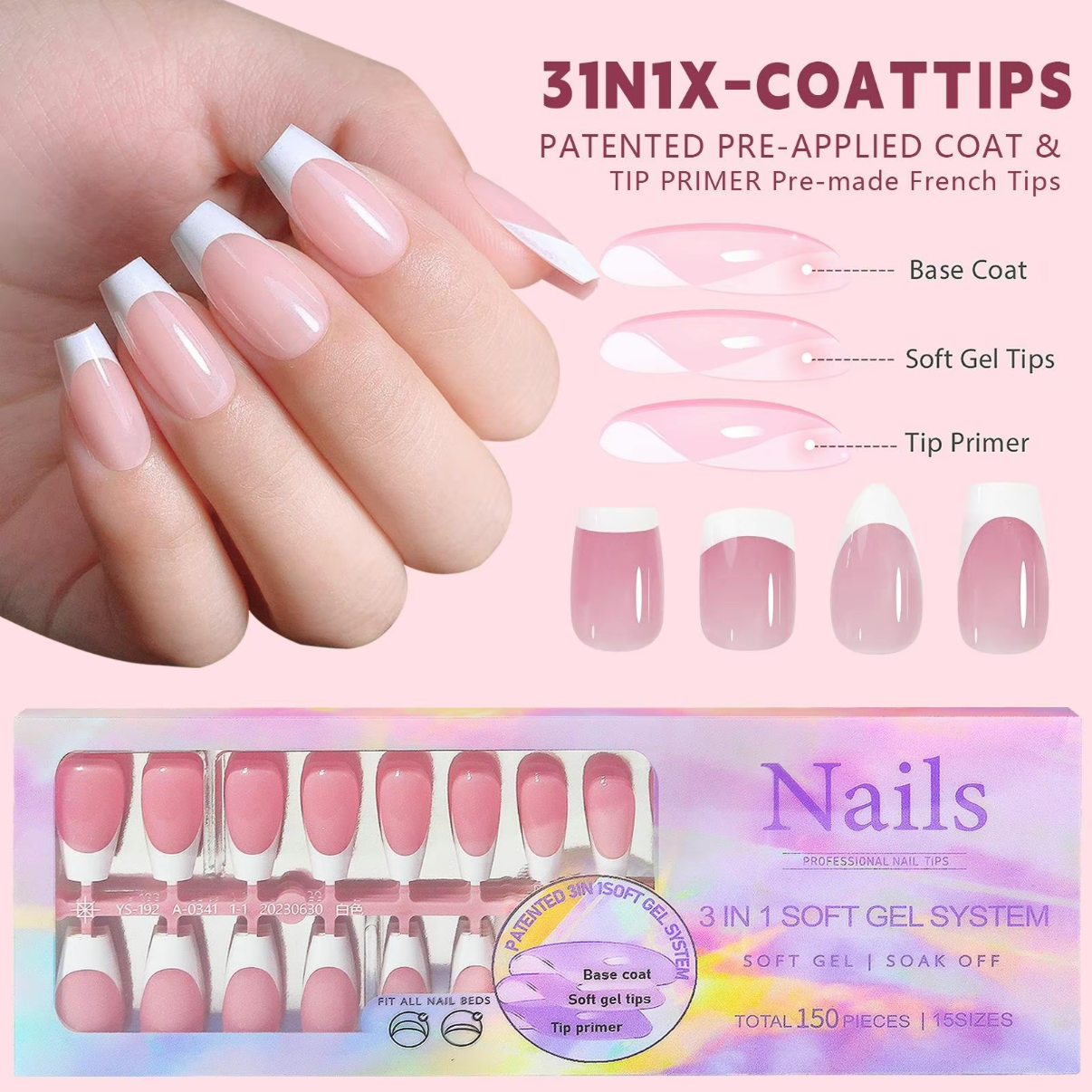 3-in-1 Coattips - French Nails Tips Full Cover Press on Nails - YS10