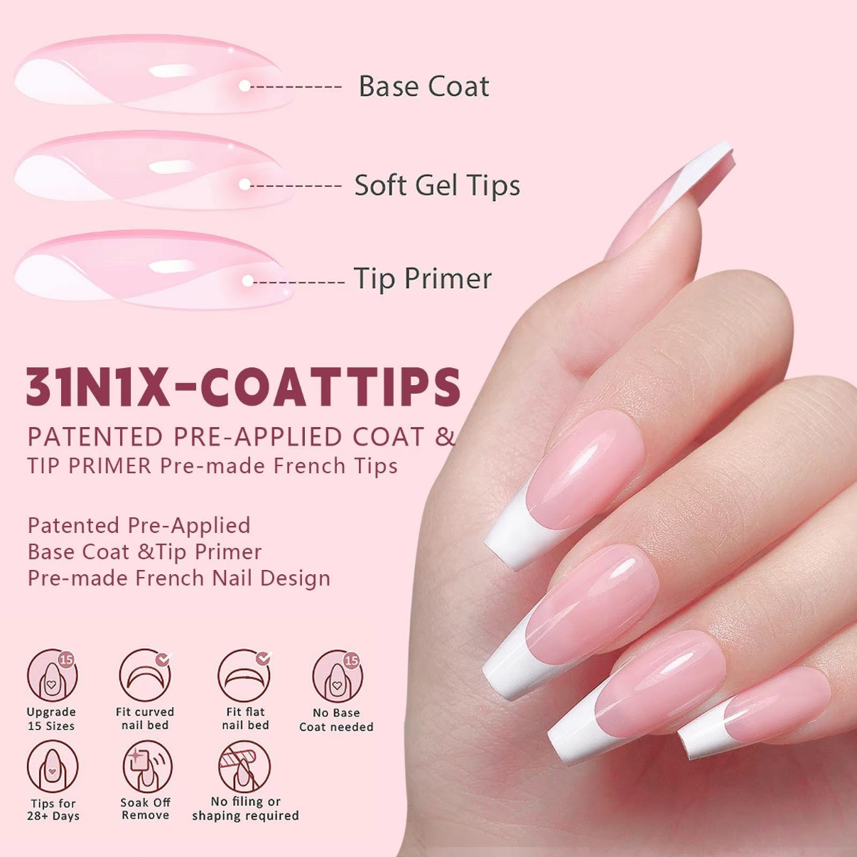 3-in-1 Coattips - French Nails Tips Full Cover Press on Nails - YS10