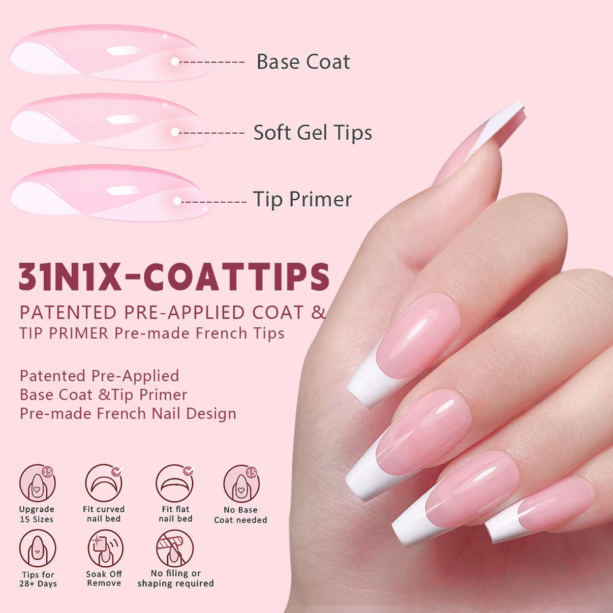 3-in-1 Coattips - French Nails Tips Full Cover Press on Nails - YS1