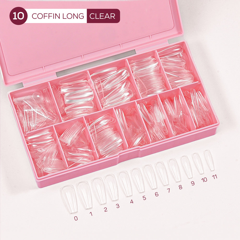 LDS - 10 Coffin Long Clear Nail Tips (Full Cover)