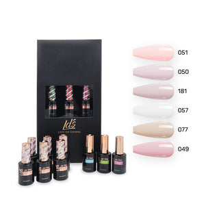 LDS Holiday Collection: 6 Healthy Gel Polishes, 1 Base Gel, 1 Top Gel, 1 Strengthener - BARE NECESSITIES - 051; 050; 181; 057; 077; 049
