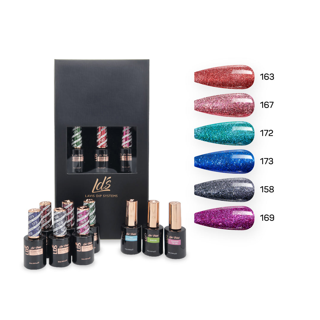 LDS Holiday Collection: 6 Healthy Gel Polishes, 1 Base Gel, 1 Top Gel, 1 Strengthener - KEEP IT PLAYFUL - 163; 167; 172; 173; 158; 169