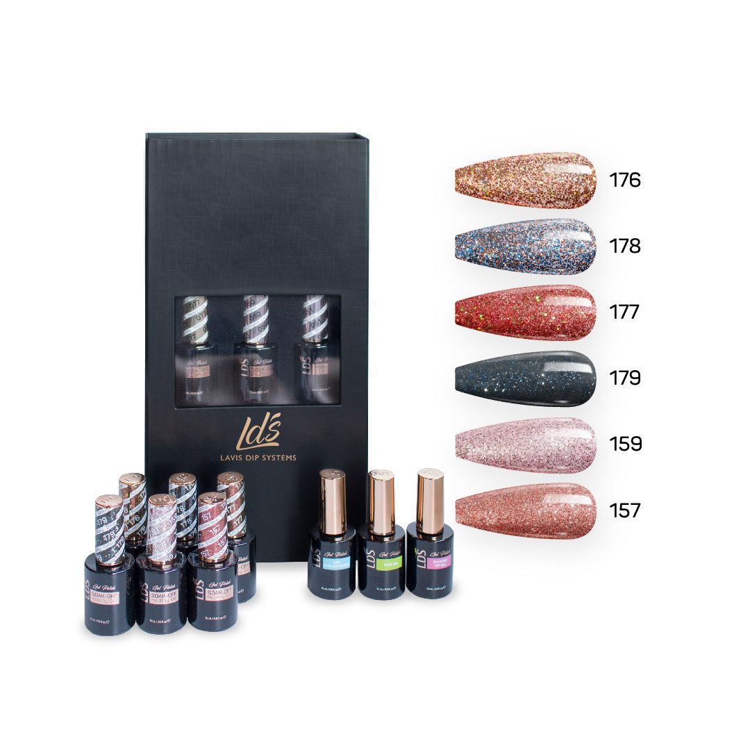  LDS Holiday Collection: 6 Healthy Gel Polishes, 1 Base Gel, 1 Top Gel, 1 Strengthener - MASTER GLITTER - 157; 159; 176; 177; 178; 179 by LDS sold by DTK Nail Supply