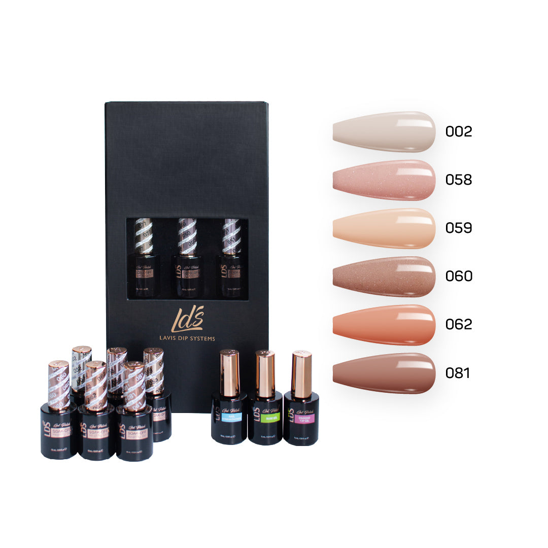 LDS Holiday Collection: 6 Healthy Gel Polishes, 1 Base Gel, 1 Top Gel, 1 Strengthener - MUSEUM MUSE - 002; 058; 059; 060; 062; 081