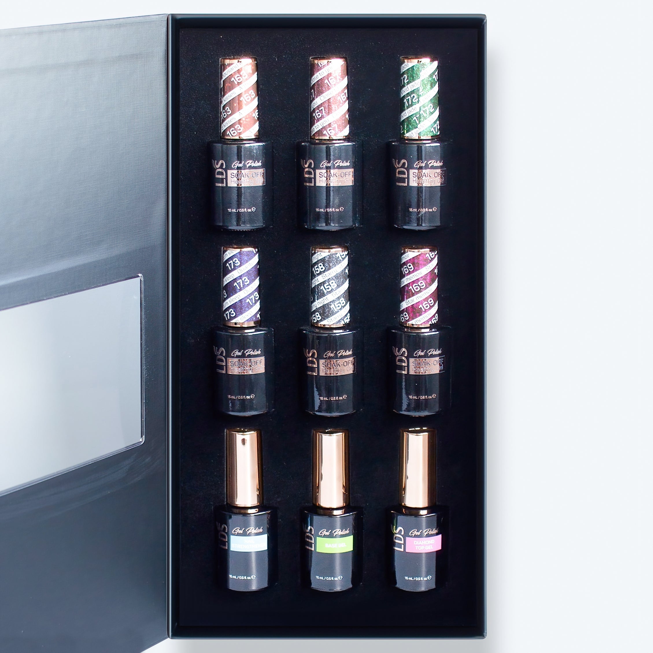 LDS Holiday Collection: 6 Healthy Gel Polishes, 1 Base Gel, 1 Top Gel, 1 Strengthener - KEEP IT PLAYFUL - 163; 167; 172; 173; 158; 169