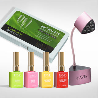 Lavis - Soft Gel Tips & Mini Desktop Nail Lamp Rose Gold Kit - Almond Medium Clear