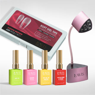 Lavis - Soft Gel Tips & Mini Desktop Nail Lamp Rose Gold Kit - Coffin Medium Half Buffed