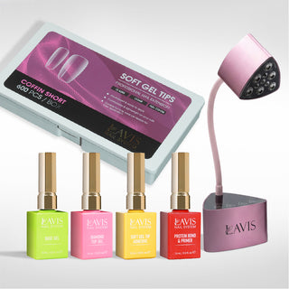 Lavis - Soft Gel Tips & Mini Desktop Nail Lamp Rose Gold Kit - Coffin Short Clear